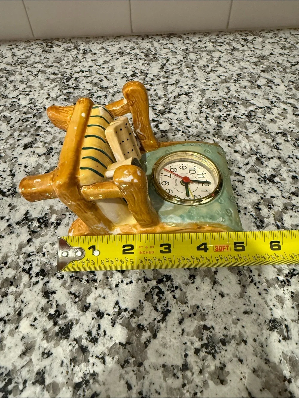 Ceramic Armchair Clock Figurine in Turquoise and Honey